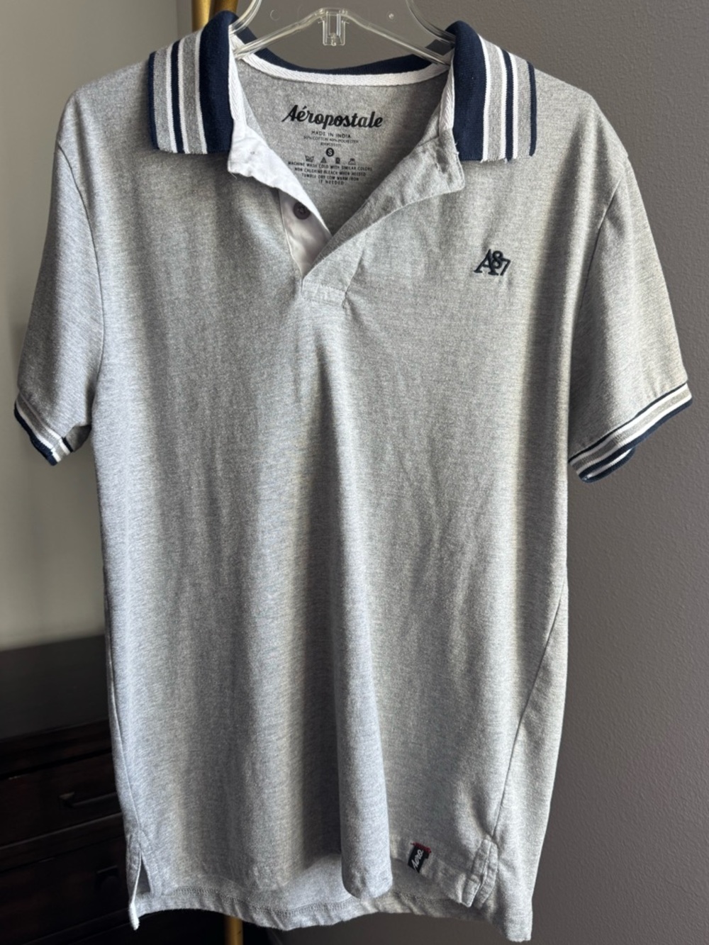 Aeropostale Gray Polo with Navy Varisty Striped Sleeve and Collar - Size Small